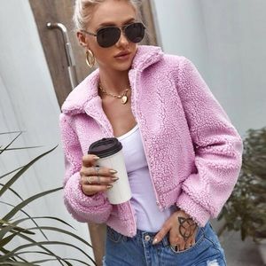 Pink Teddy Bear 🧸 Cropped Zipper Jacket
